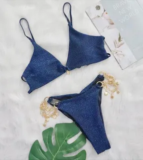 Micro Pearl Solid Color Bikini Set V-Neck Strap Swimsuit Low Waist Thong Chain