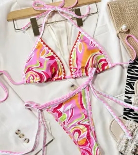 Pink Bikini Swimsuit Set Triangle Women's Swimwear Low Waist